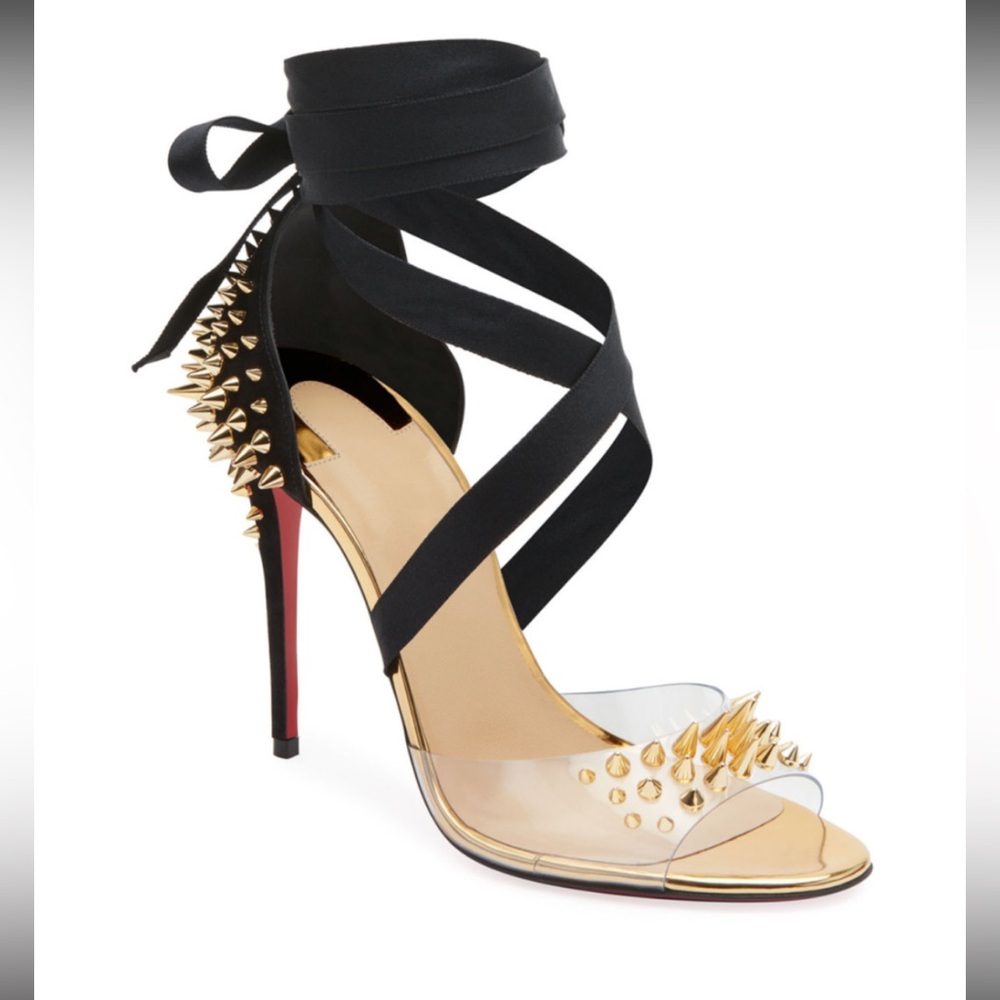 Christian Louboutin Barbarissima Elegant Gold and Black Spiked Heels